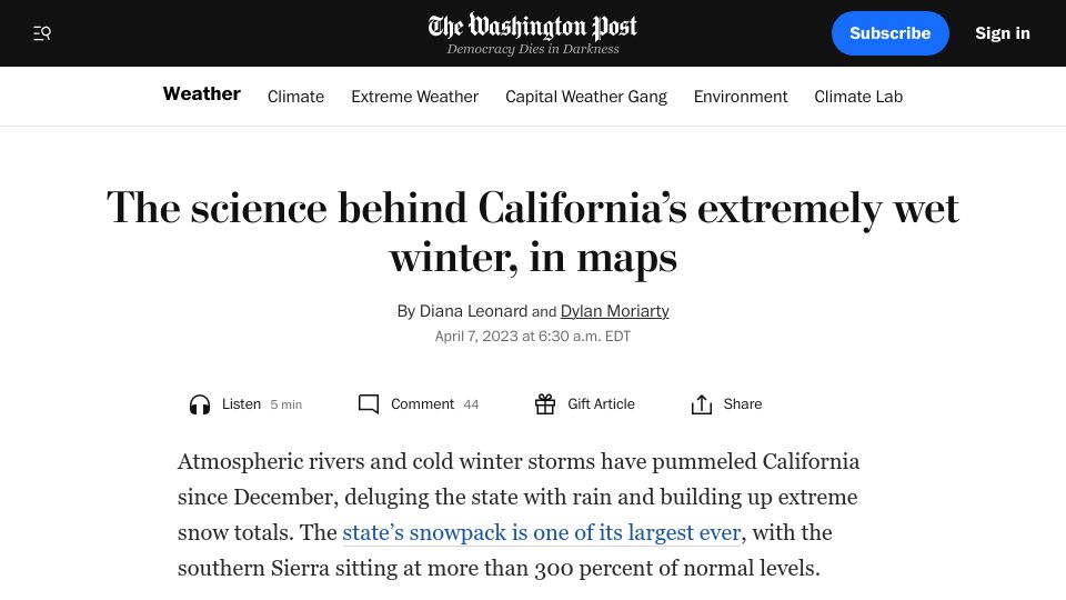 Screenshot of washingtonpost.com: The science behind California's wet winter, in maps
