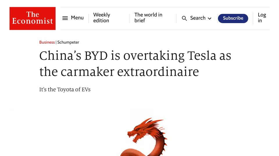 Screenshot of economist.com: China’s BYD is overtaking Tesla as the carmaker extraordinaire
