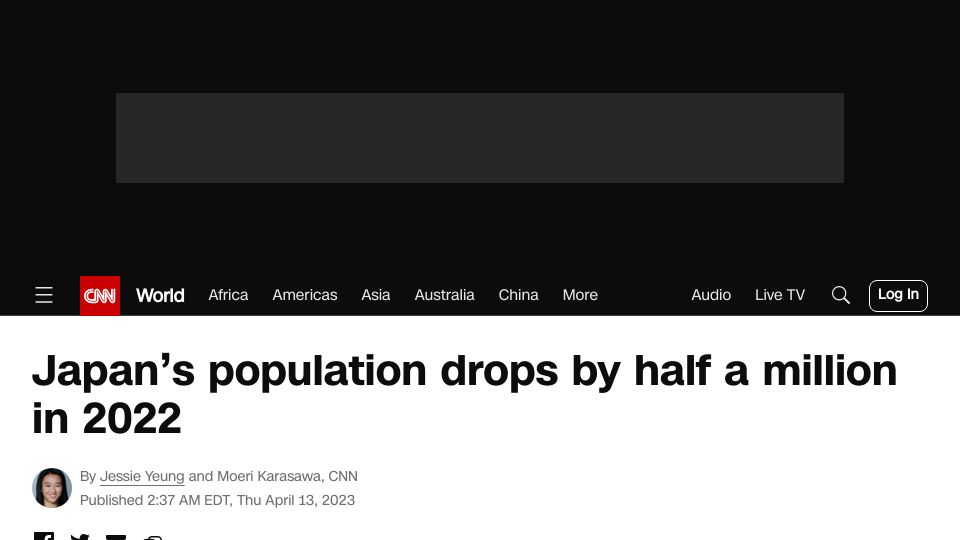 Screenshot of cnn.com: Japan’s population drops by half a million in 2022