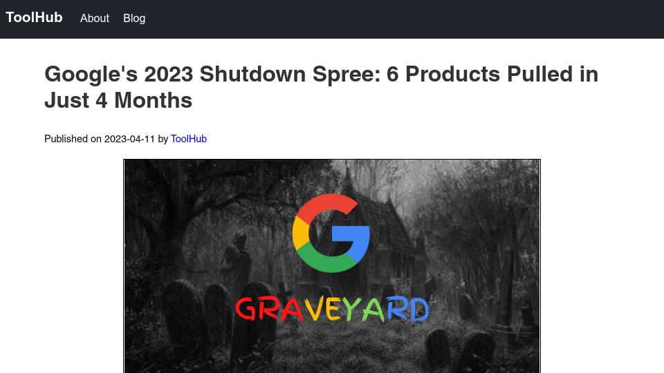 Screenshot of toolhub.tech: Google has already pulled six products in 2023