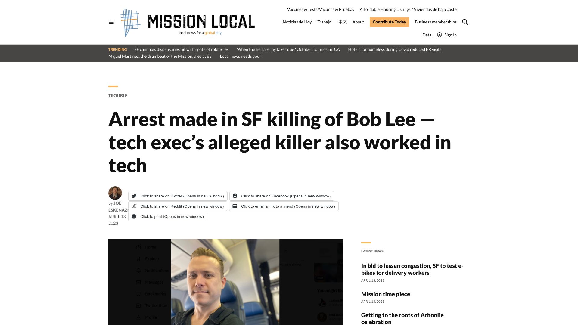 Screenshot of missionlocal.org: Arrest made in SF killing of Bob Lee – alleged killer also worked in tech