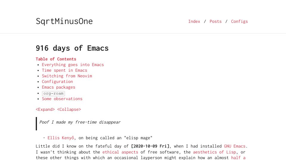 Screenshot of sqrtminusone.xyz: 916 Days of Emacs
