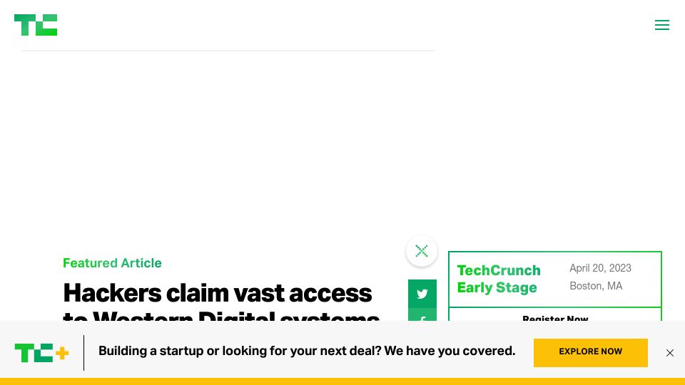 Screenshot of techcrunch.com: Hackers claim vast access to Western Digital systems