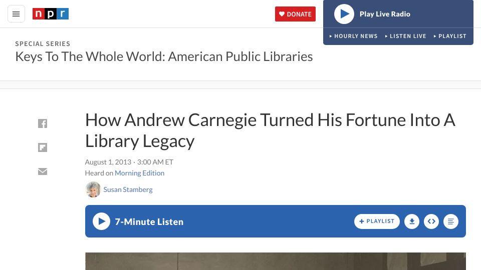 Screenshot of npr.org: Andrew Carnegie Turned His Fortune into a Library Legacy (2013)