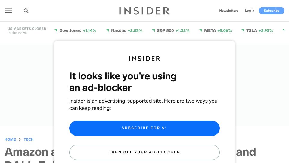 Screenshot of businessinsider.com: Amazon announces 'Bedrock' AI platform to take on OpenAI