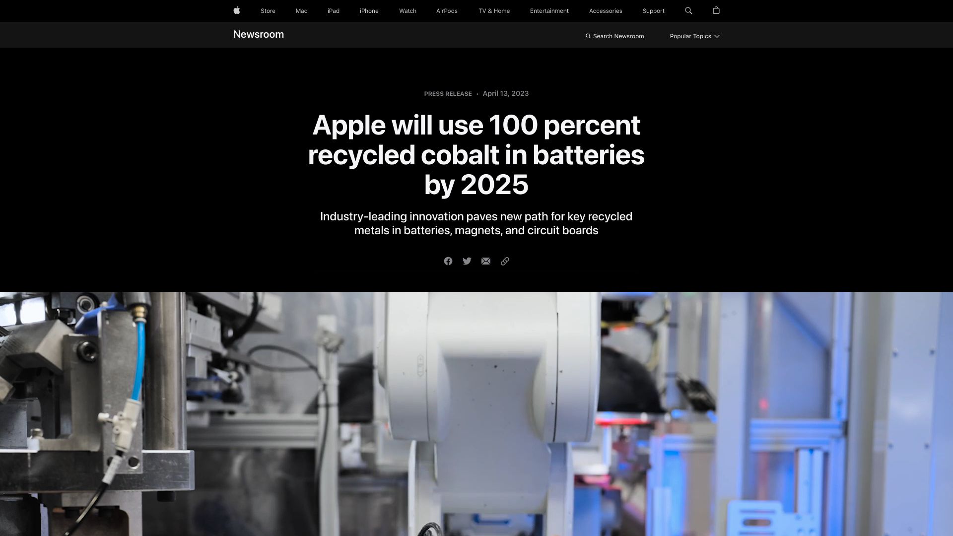 Screenshot of apple.com: Apple will use 100 percent recycled cobalt in batteries by 2025