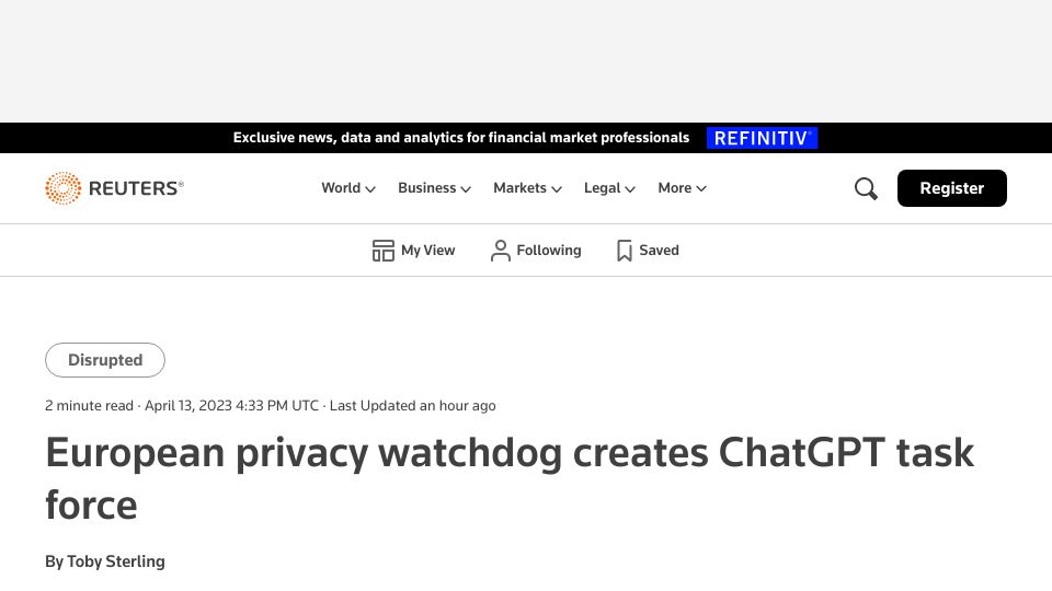 Screenshot of reuters.com: European privacy watchdog creates ChatGPT task force