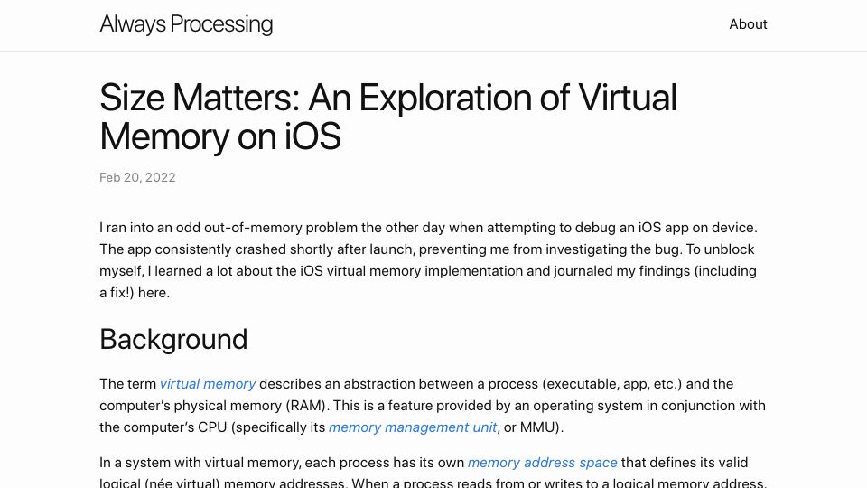 Screenshot of alwaysprocessing.blog: Size Matters: An Exploration of Virtual Memory on iOS (2022)