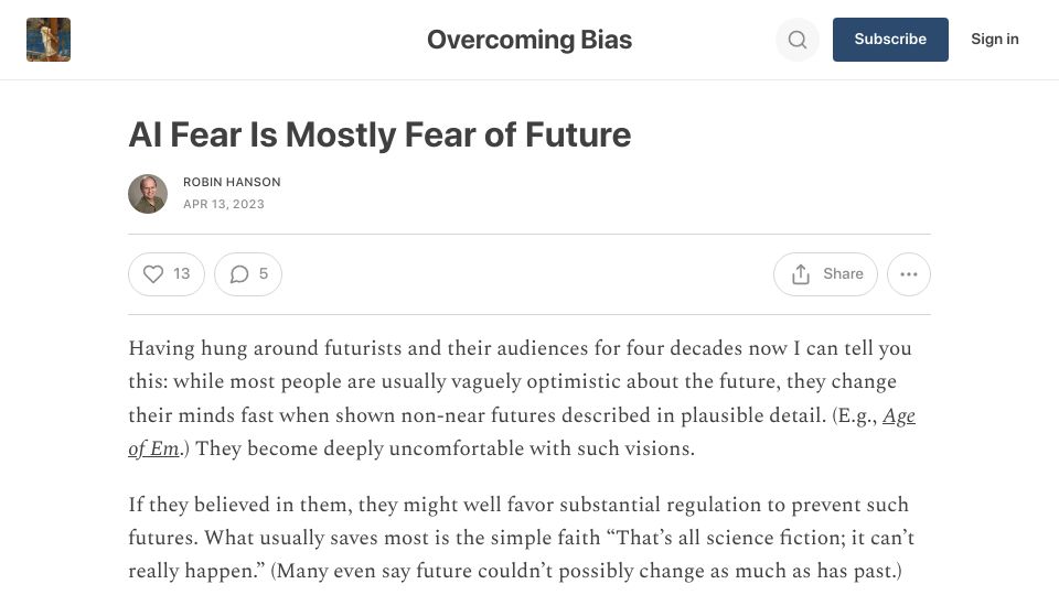 Screenshot of overcomingbias.com: AI Fear Is Mostly Fear of Future