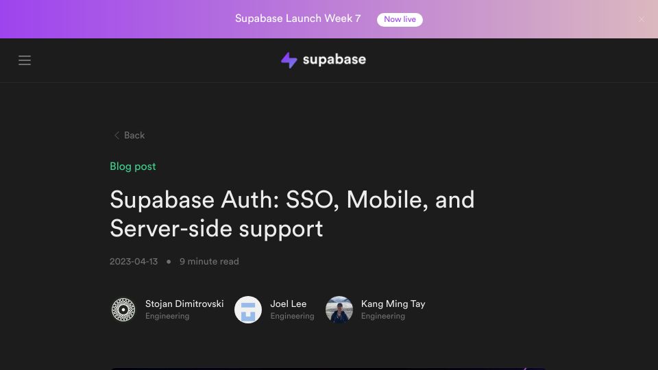 Screenshot of supabase.com: Supabase Auth: SSO, Mobile, and Server-Side Support