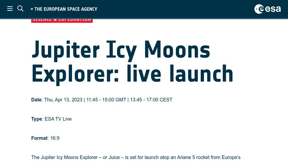 Screenshot of esa.int: ESA – Jupiter Icy Moons Explorer: Live Launch