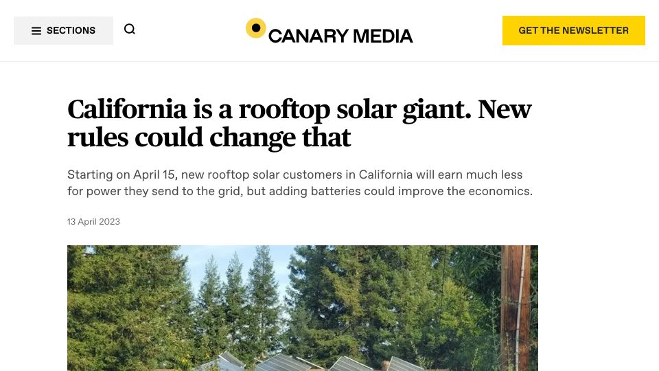 Screenshot of canarymedia.com: California is a rooftop solar giant. New rules could change that