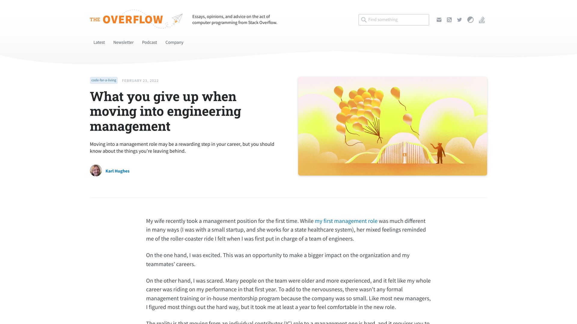Screenshot of stackoverflow.blog: What you give up by moving into engineering management