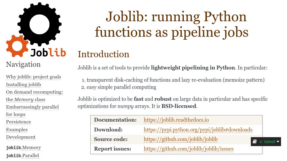 Screenshot of joblib.readthedocs.io: Joblib: Running Python functions as pipeline jobs