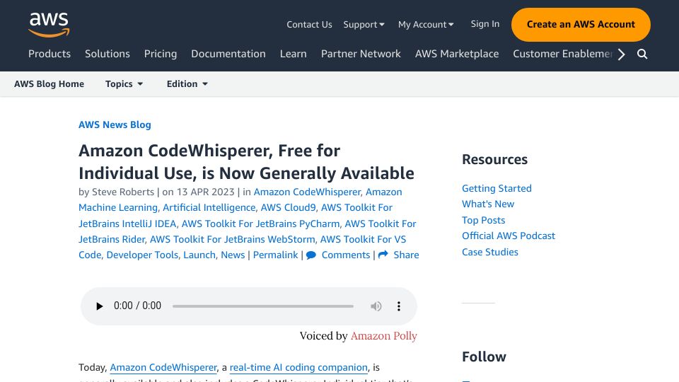 Screenshot of aws.amazon.com: Amazon CodeWhisperer, Free for Individual Use, Is Now Generally Available