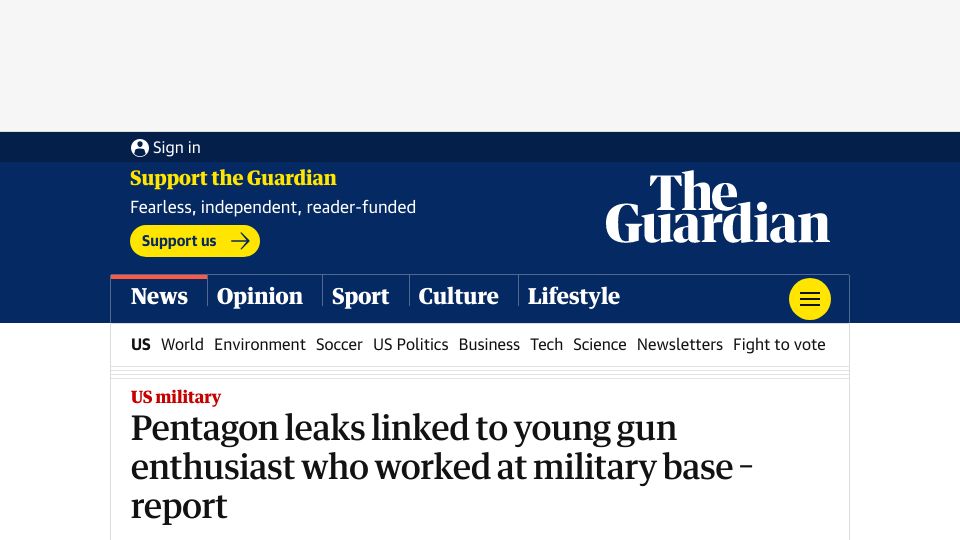 Screenshot of theguardian.com: Pentagon leaks linked to young gun enthusiast who worked at military base