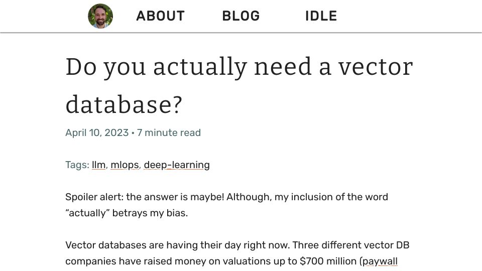 Screenshot of ethanrosenthal.com: Do you need a vector database?