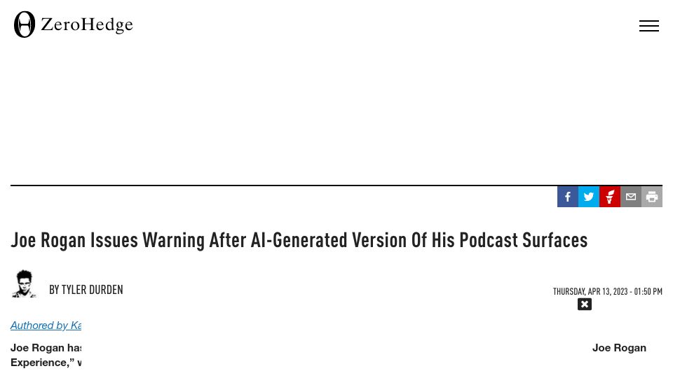 Screenshot of zerohedge.com: Joe Rogan Issues Warning After AI-Generated Version of His Podcast Surfaces