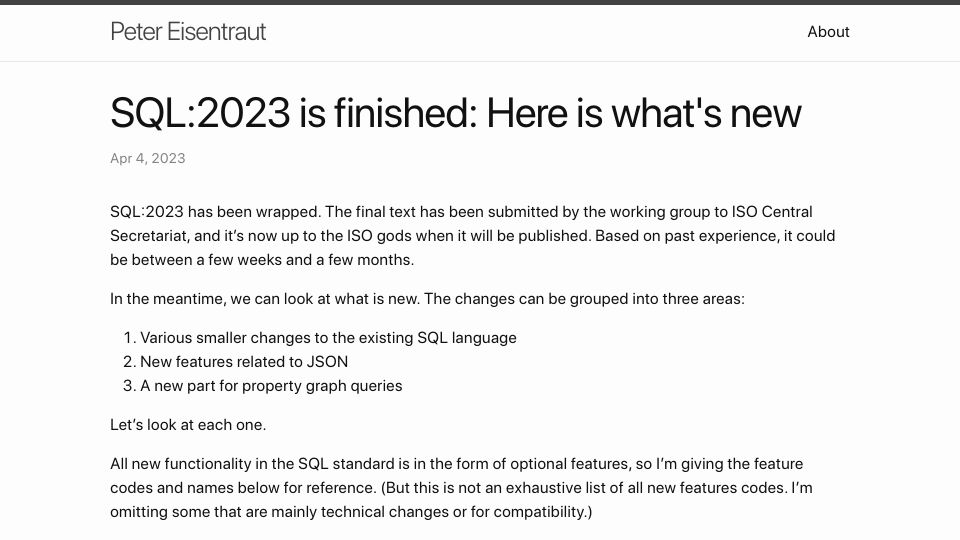 Screenshot of peter.eisentraut.org: SQL:2023 is finished: Here is what's new