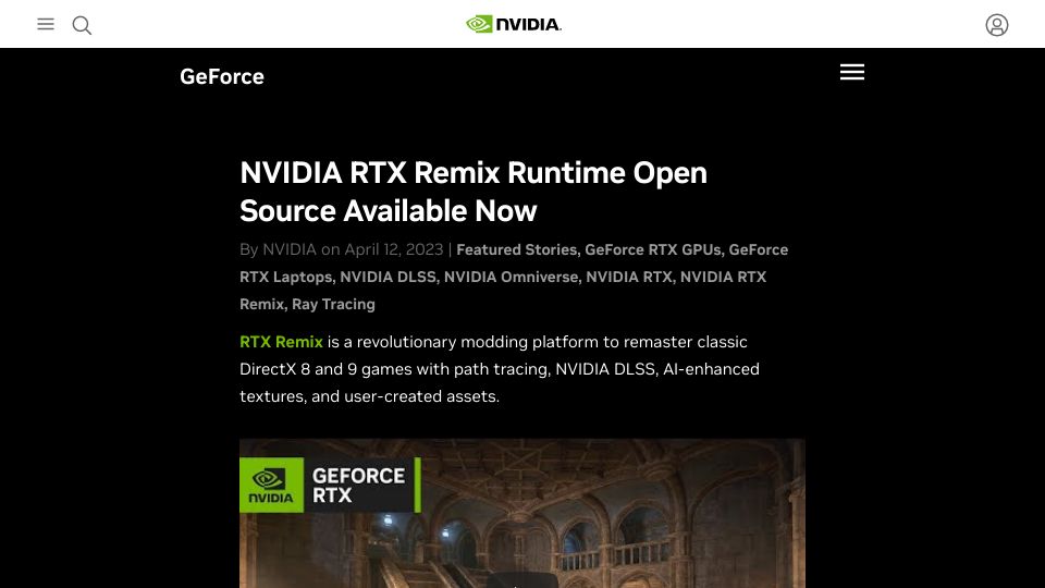 Screenshot of nvidia.com: Nvidia RTX Remix Runtime Open Source Available Now