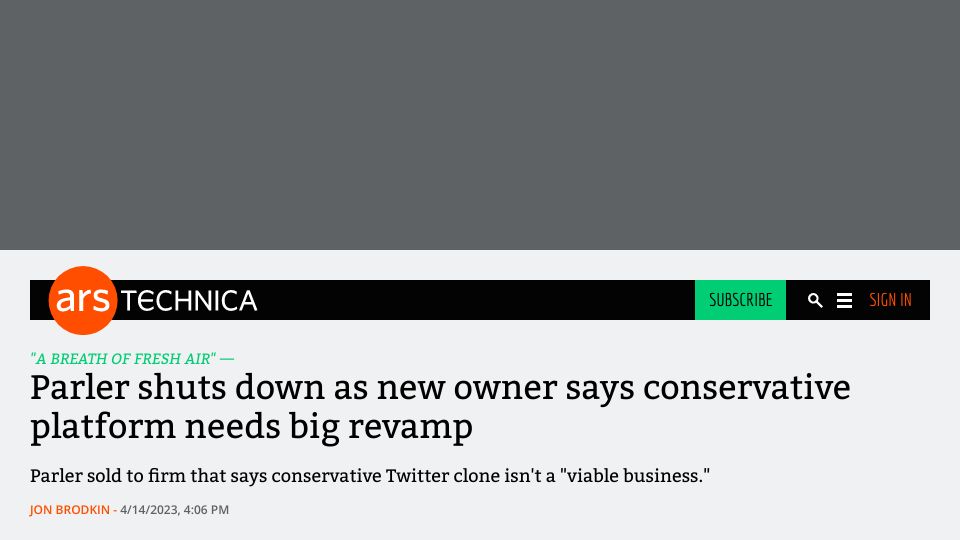 Screenshot of arstechnica.com: Parler shuts down as new owner says conservative platform needs big revamp