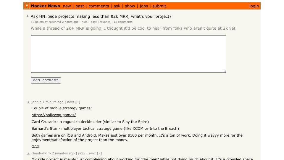 Screenshot of Hacker News post: Ask HN: Side projects making less than $2k MRR, what's your project?