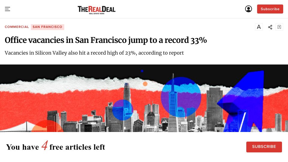 Screenshot of therealdeal.com: Office vacancies in San Francisco jump to a record 33%