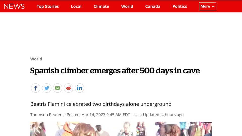 Screenshot of cbc.ca: Spanish climber emerges after 500 days in cave