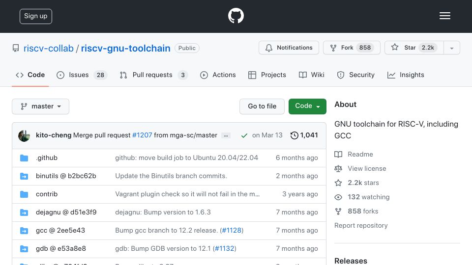 Screenshot of github.com: GNU toolchain for RISC-V including GCC