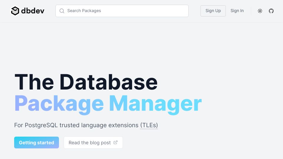 Screenshot of database.dev: Dbdev – A database package manager for PostgreSQL trusted language extensions