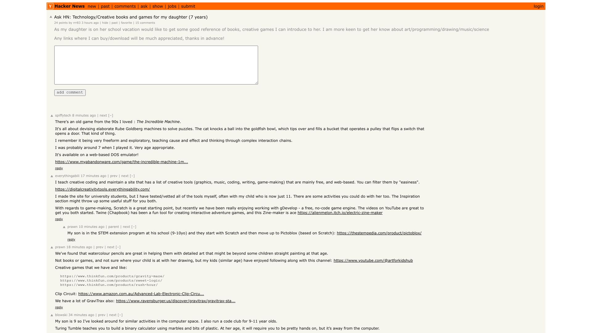 Screenshot of this Hacker News post: Ask HN: Technology/creative books and games for my daughter (7 years)