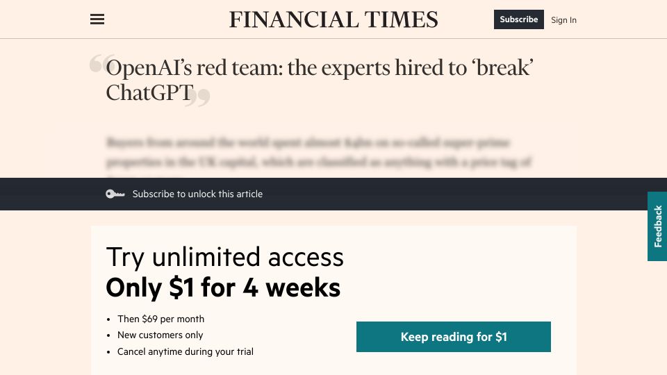 Screenshot of ft.com: OpenAI’s Red Team: the experts hired to ‘break’ ChatGPT