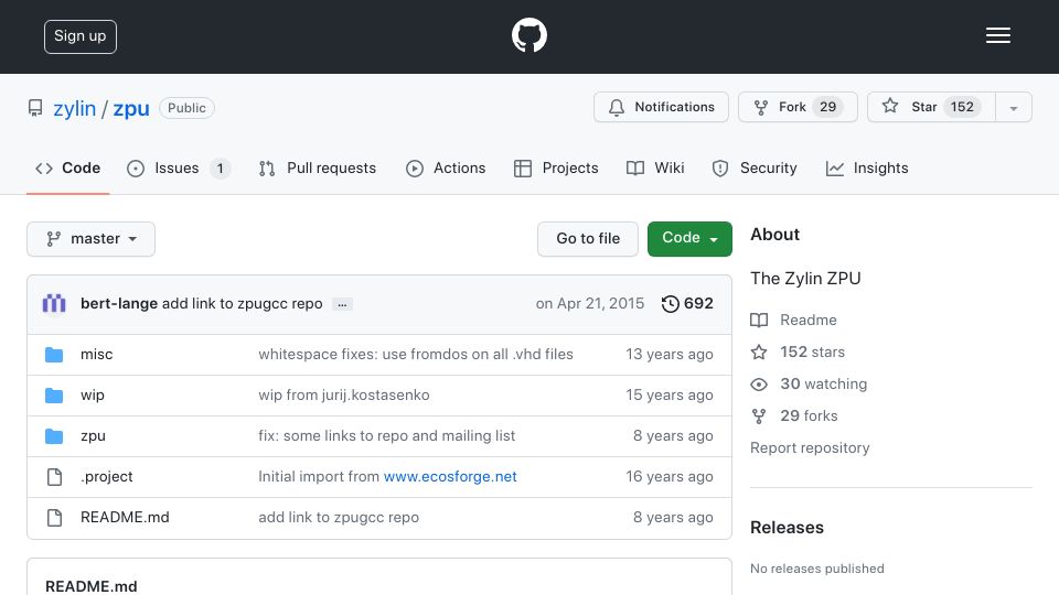 Screenshot of github.com: Zylin ZPU: 32 bit CPU with GCC toolchain