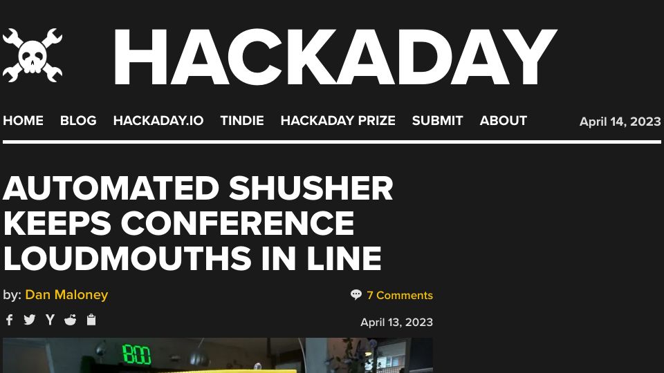 Screenshot of hackaday.com: Automated shusher keeps conference loudmouths in line