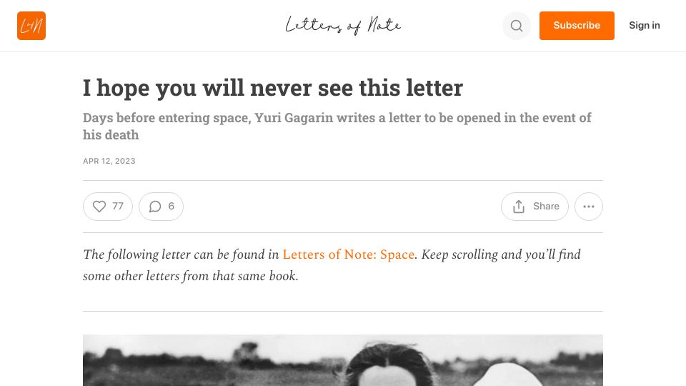 Screenshot of news.lettersofnote.com: I hope you will never see this letter (1961)