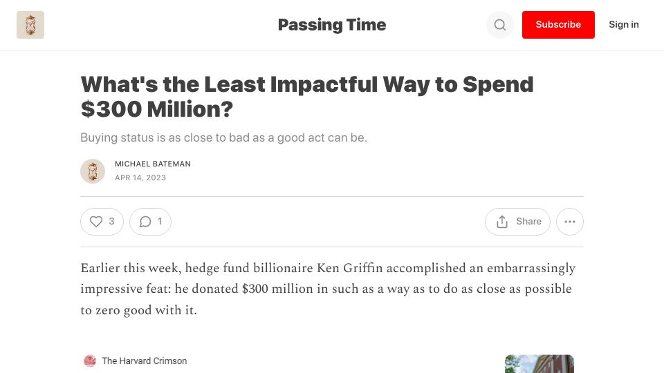 Screenshot of passingtime.substack.com: The least impactful way to spend $300M?