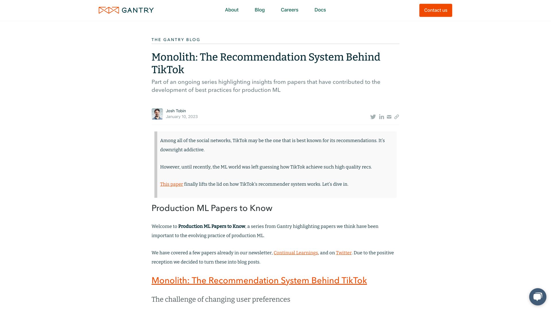 Screenshot of gantry.io: Monolith: The Recommendation System Behind TikTok
