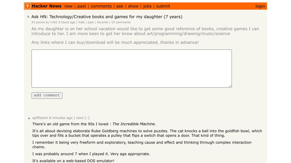 Screenshot of Hacker News post: Ask HN: Technology/creative books and games for my daughter (7 years)