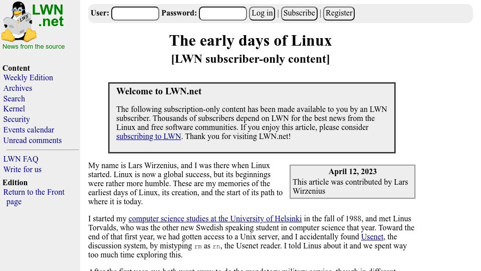Screenshot of lwn.net: The early days of Linux