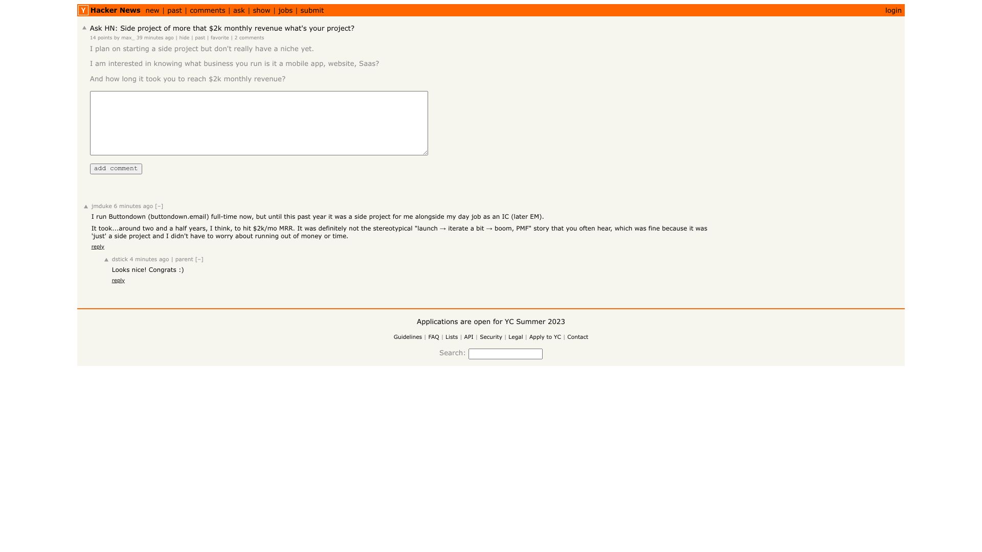 Screenshot of this Hacker News post: Ask HN: Side project of more than $2k monthly revenue? what's your project?
