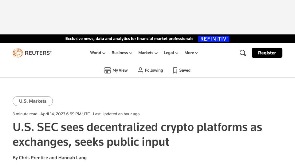 Screenshot of reuters.com: U.S. SEC sees decentralized crypto platforms as exchanges