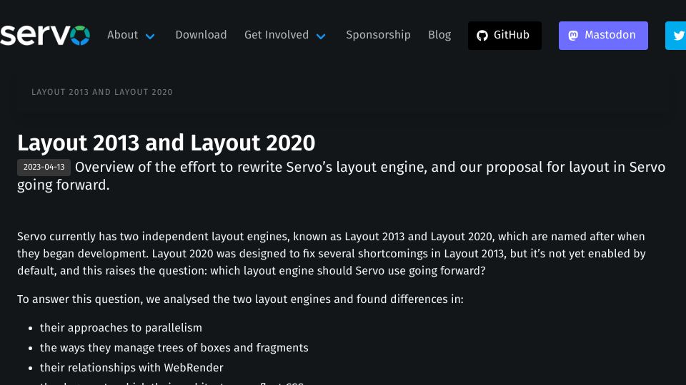 Screenshot of servo.org: Layout 2013 and Layout 2020