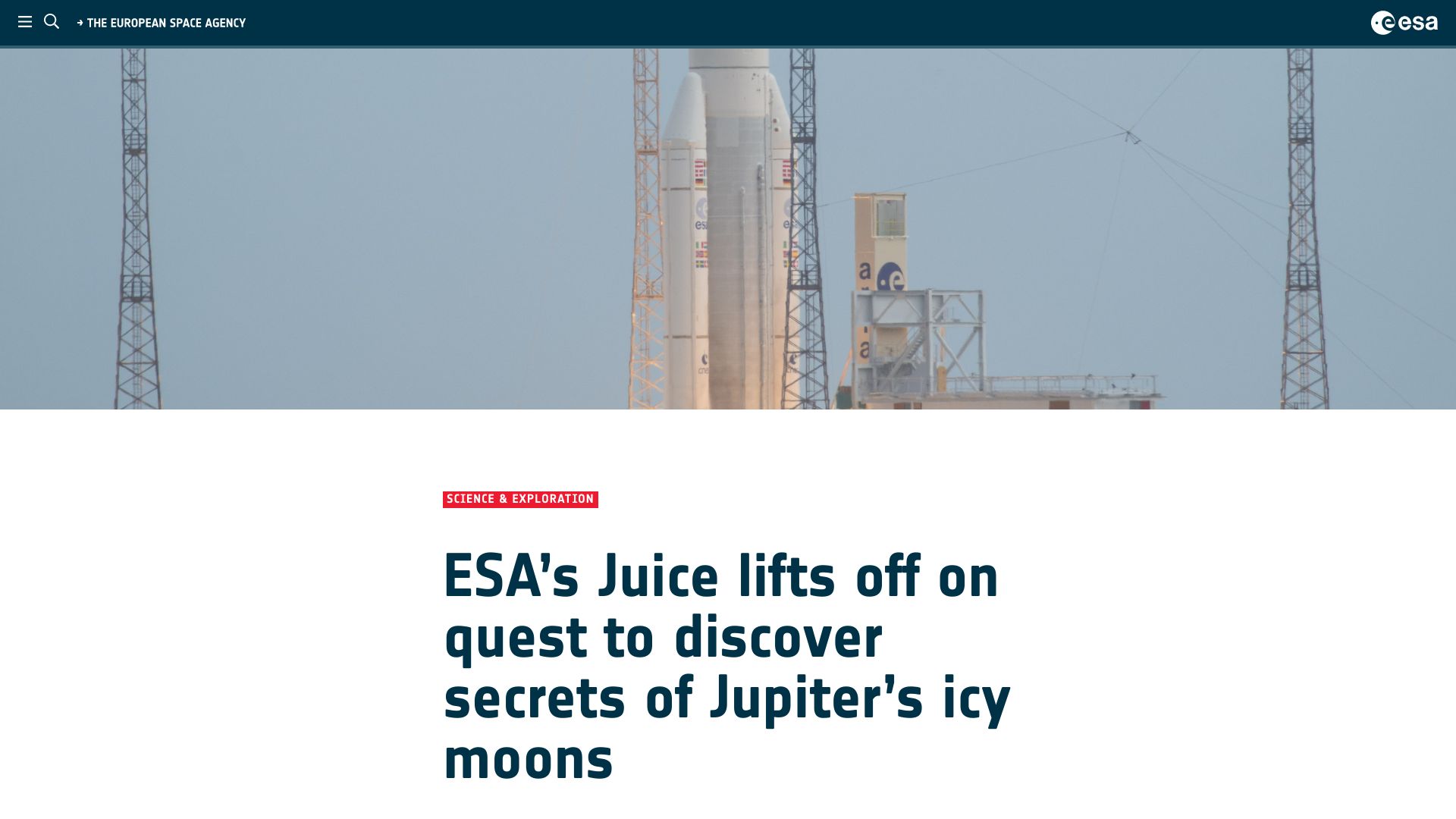 Screenshot of esa.int: ESA’s Juice lifts off on quest to discover secrets of Jupiter’s icy moons