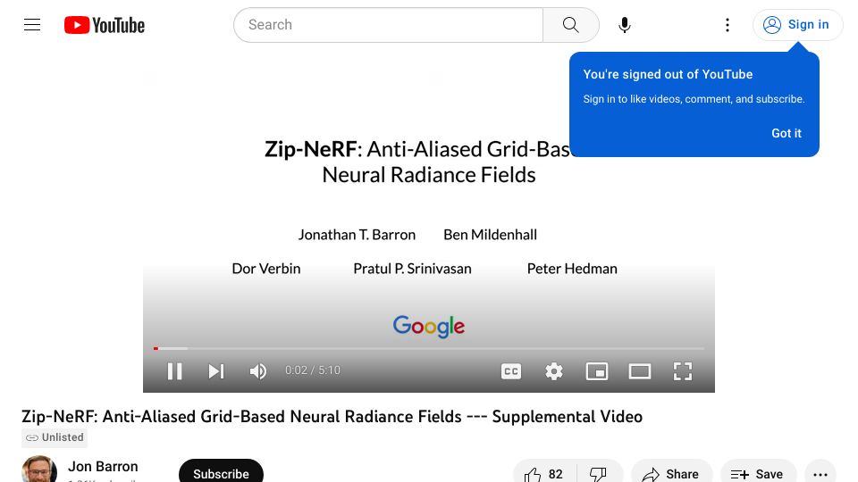 Screenshot of youtube.com: Zip-NeRF: Anti-aliased grid-based neural radiance fields [video]