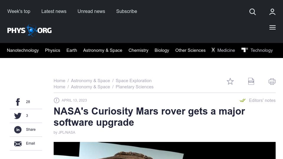 Screenshot of phys.org: NASA's Curiosity Mars rover gets a major software upgrade