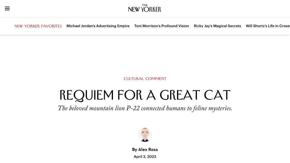 Screenshot of newyorker.com: Requiem for a Great Cat