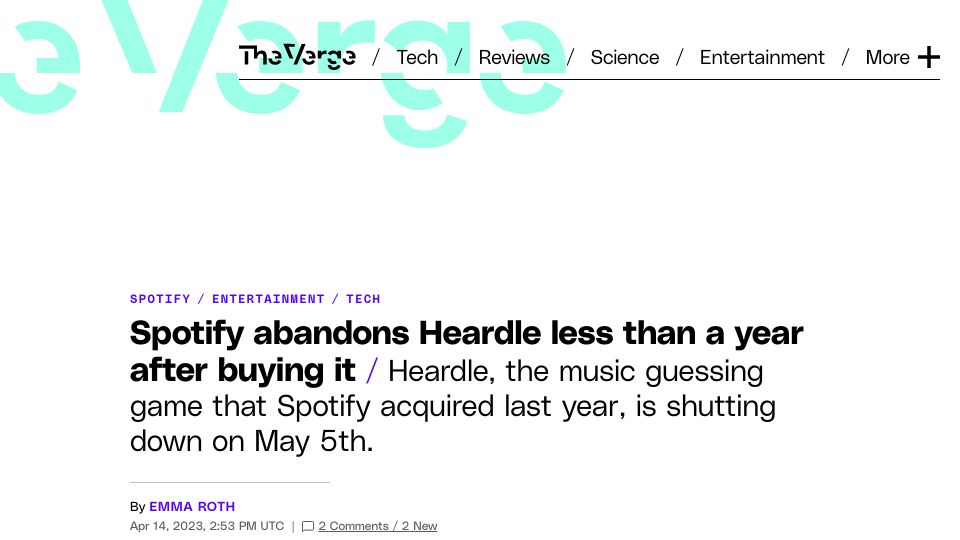 Screenshot of theverge.com: Spotify abandons Heardle less than a year after buying it