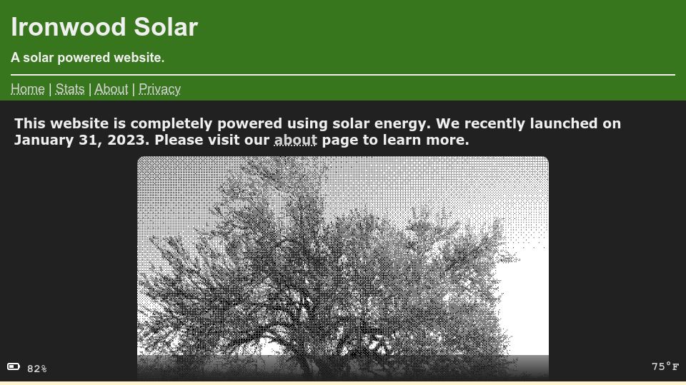 Screenshot of solar.leo32345.com: This website is solar powered and running on a Raspberry Pi-like computer