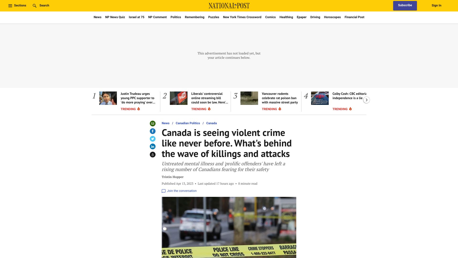 Screenshot of nationalpost.com: Canada is seeing violent crime like never before. What's behind the crime wave