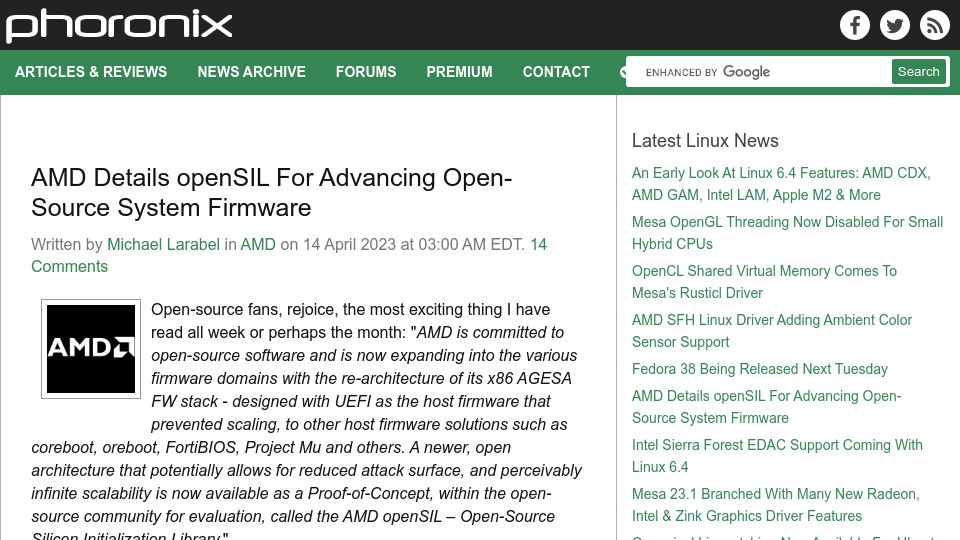 Screenshot of phoronix.com: AMD Details OpenSIL for Advancing Open-Source System Firmware